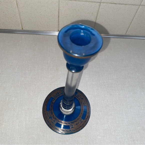 Vintage‎ Blue & Clear Glass Candlestick Bronze Color  Etching Accents main image 0